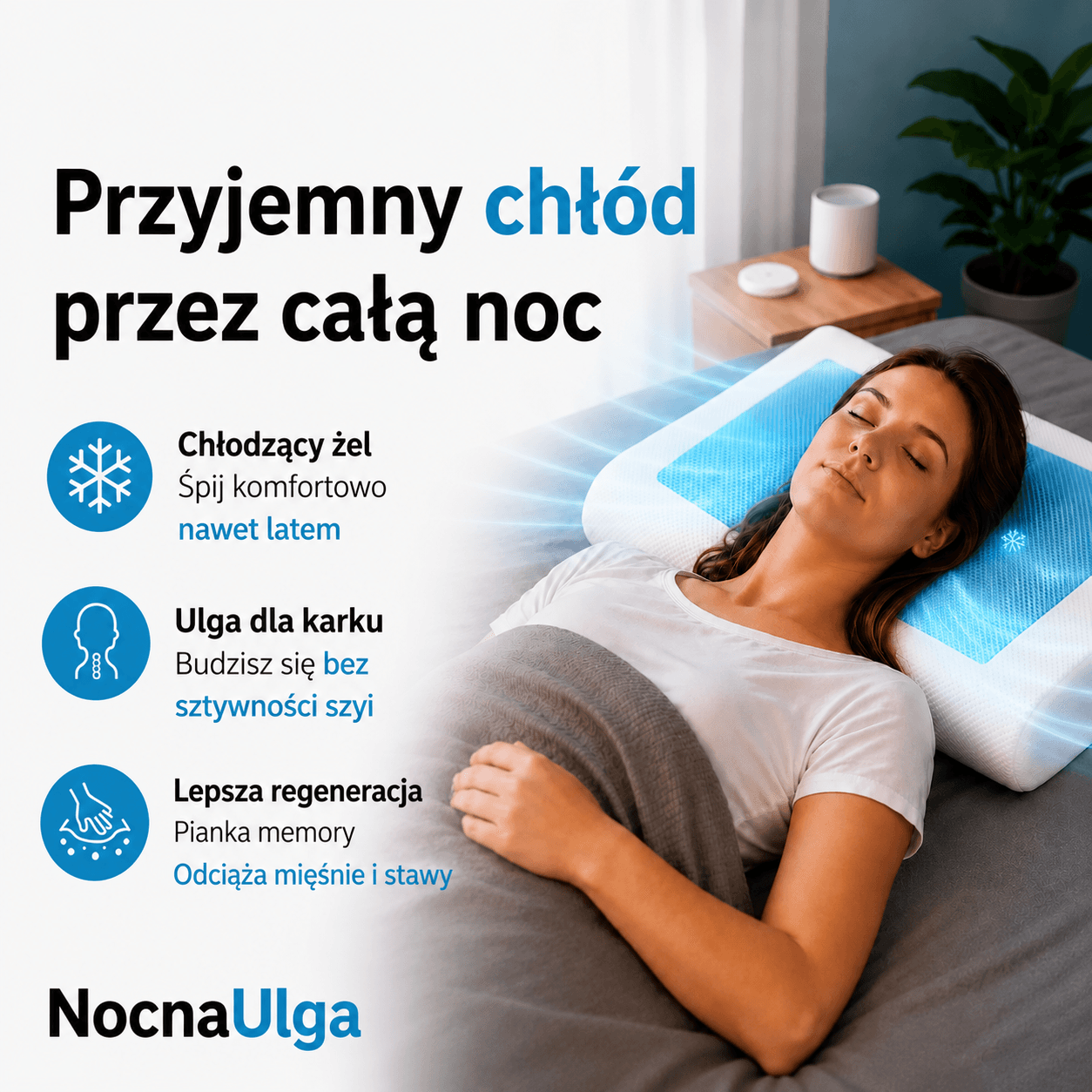 NocnaUlga - Profilowana poduszka chłodząca na ból karku i gorące noce